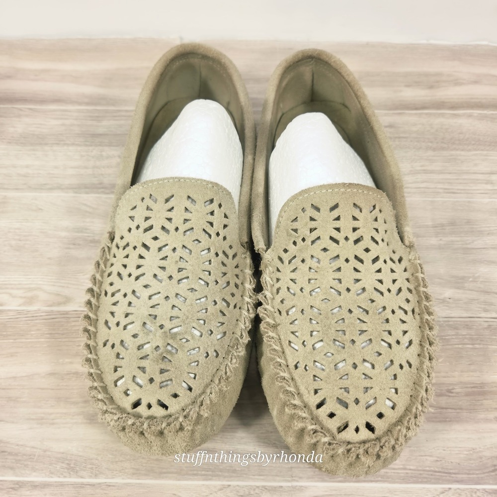 Minnetonka Women's Sophia Slip-On Suede Loafers In Stone Khaki / US Size 9M